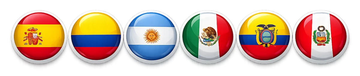 Banderas de España, Colombia, Argentina, México, Ecuador y Perú